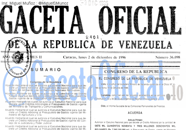 Gaceta Oficial 36098 del 2 Diciembre 1996