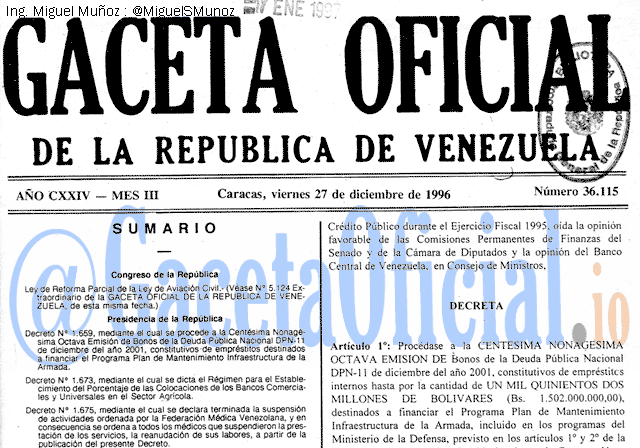 Gaceta Oficial 36115 del 27 Diciembre 1996