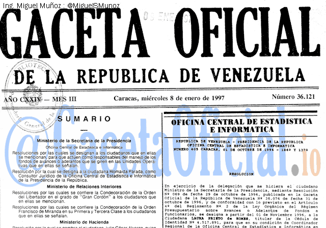 Gaceta Oficial 36121 del 8 Enero 1997