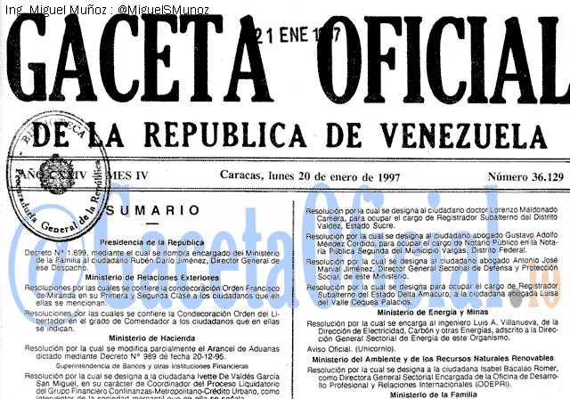 Gaceta Oficial 36129 del 20 Enero 1997