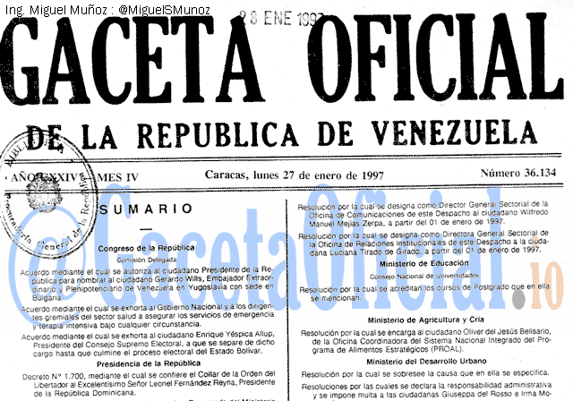 Gaceta Oficial 36134 del 27 Enero 1997