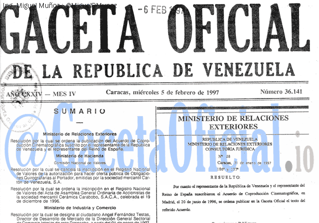 Gaceta Oficial 36141 del 5 Febrero 1997