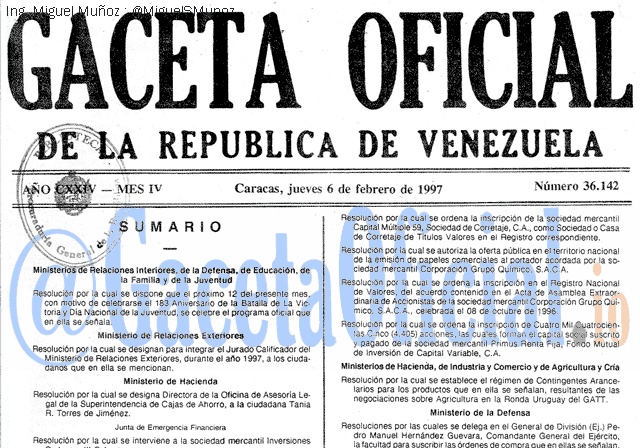 Gaceta Oficial 36142 del 6 Febrero 1997