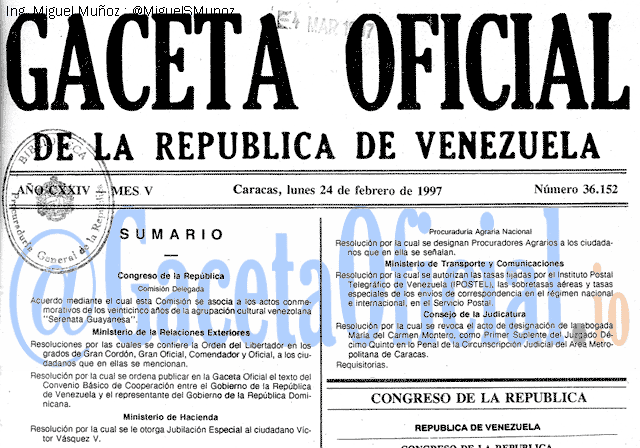 Gaceta Oficial 36152 del 24 Febrero 1997