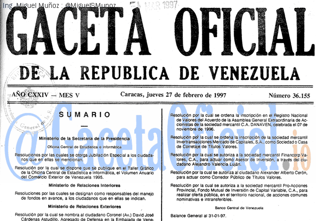 Gaceta Oficial 36155 del 27 Febrero 1997