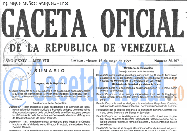 Gaceta Oficial 36207 del 16 Mayo 1997