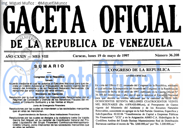 Gaceta Oficial 36208 del 19 Mayo 1997
