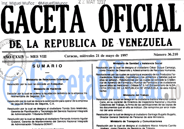 Gaceta Oficial 36210 del 21 Mayo 1997