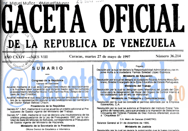 Gaceta Oficial 36214 del 27 Mayo 1997