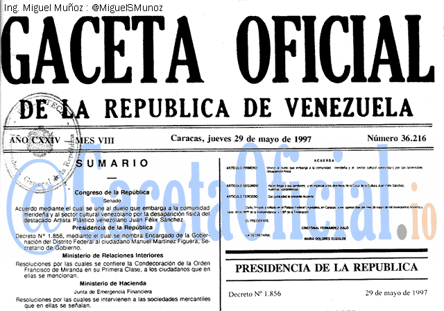 Gaceta Oficial 36216 del 29 Mayo 1997