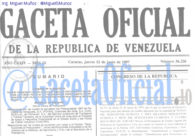 Gaceta Oficial 36226 del 12 Junio 1997