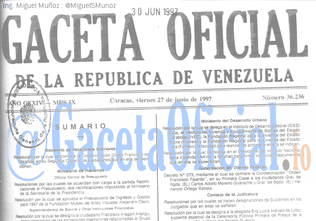 Gaceta Oficial 36236 del 27 Junio 1997