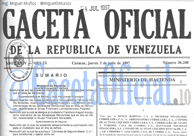 Gaceta Oficial 36240 del 3 Julio 1997