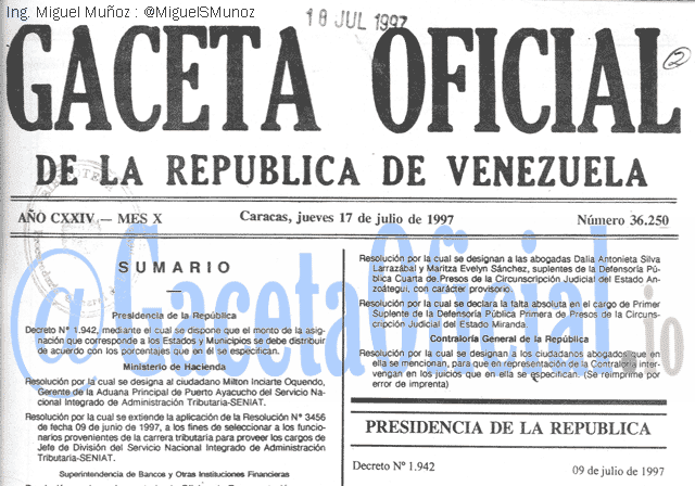 Gaceta Oficial 36250 del 17 Julio 1997