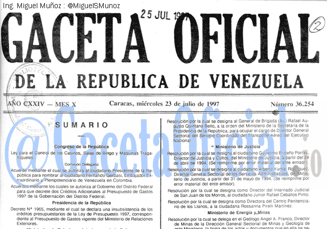 Gaceta Oficial 36254 del 23 Julio 1997