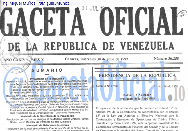 Gaceta Oficial 36258 del 30 Julio 1997