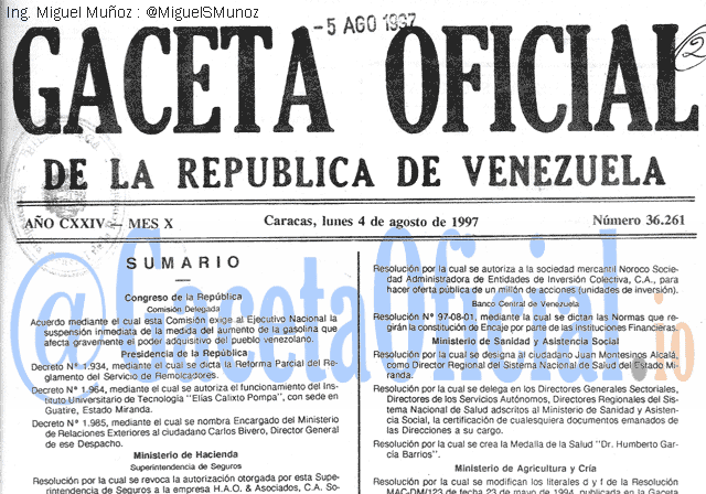 Gaceta Oficial 36261 del 4 Agosto 1997