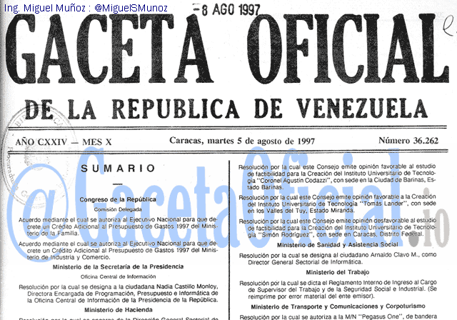 Gaceta Oficial 36262 del 5 Agosto 1997