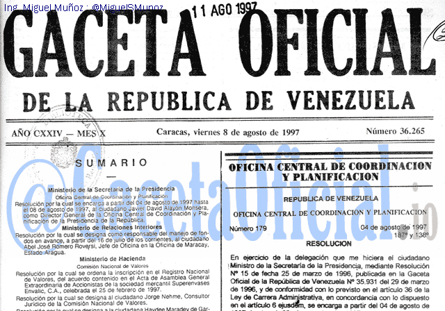 Gaceta Oficial 36265 del 8 Agosto 1997
