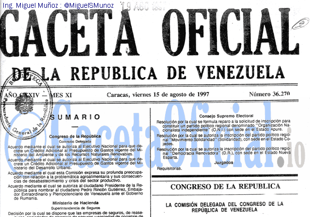 Gaceta Oficial 36270 del 15 Agosto 1997