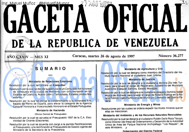 Gaceta Oficial 36277 del 26 Agosto 1997