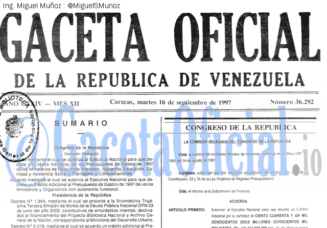 Gaceta Oficial 36292 del 16 Septiembre 1997