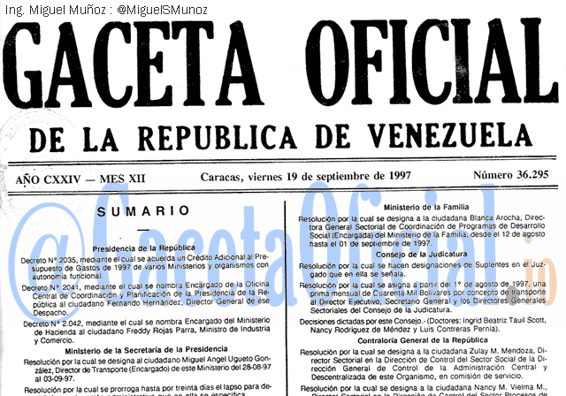 Gaceta Oficial 36295 del 19 Septiembre 1997