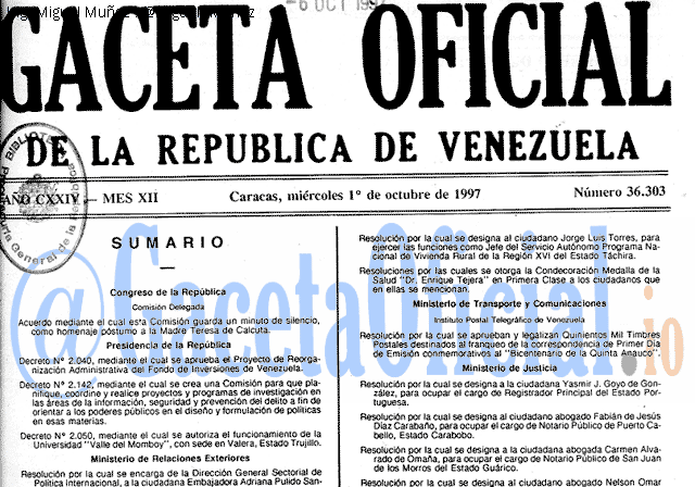 Gaceta Oficial 36303 del 1 Octubre 1997