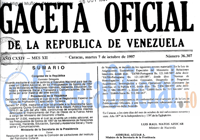 Gaceta Oficial 36307 del 7 Octubre 1997