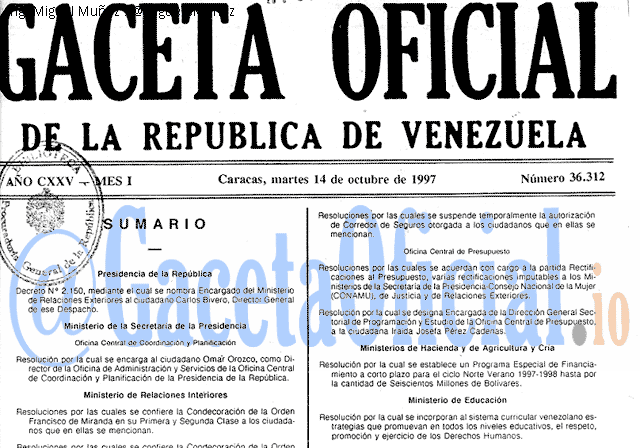 Gaceta Oficial 36312 del 14 Octubre 1997