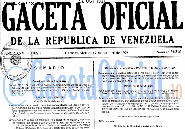 Gaceta Oficial 36315 del 17 Octubre 1997