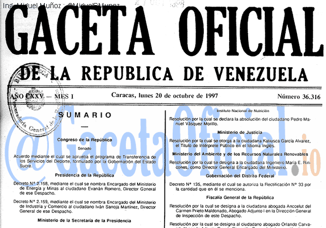 Gaceta Oficial 36316 del 20 Octubre 1997