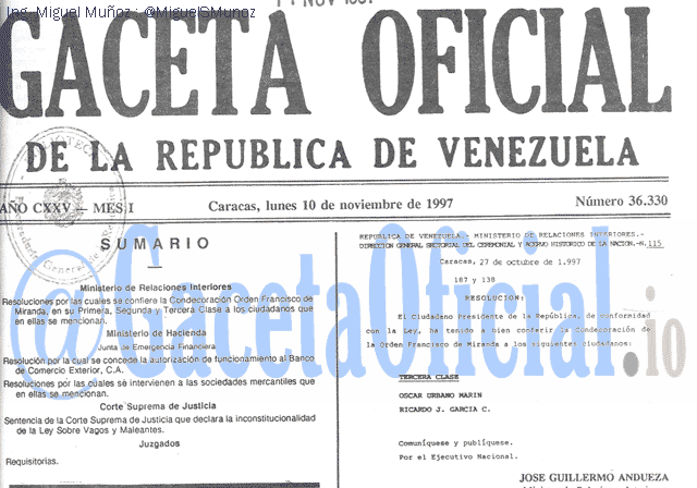 Gaceta Oficial 36330 del 10 Noviembre 1997
