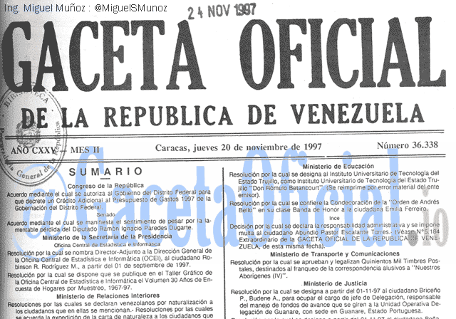 Gaceta Oficial 36338 del 20 Noviembre 1997