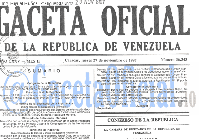 Gaceta Oficial 36343 del 27 Noviembre 1997