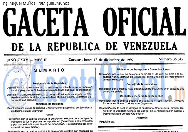 Gaceta Oficial 36345 del 1 Diciembre 1997
