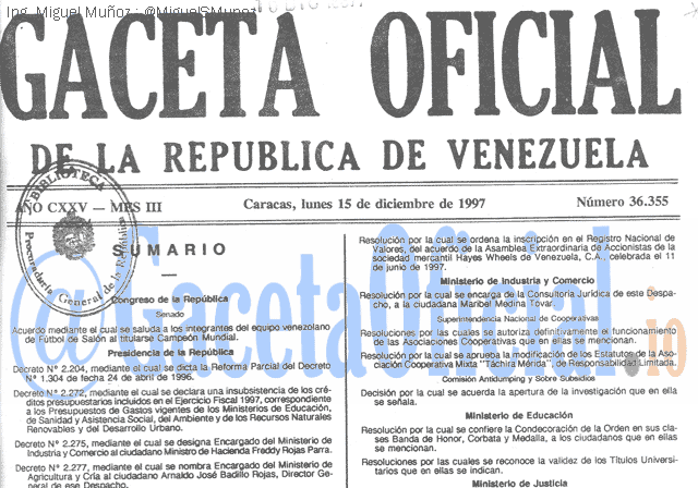 Gaceta Oficial 36355 del 15 Diciembre 1997