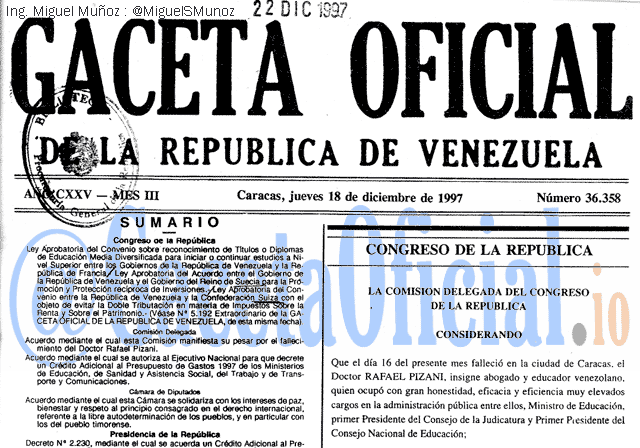 Gaceta Oficial 36358 del 18 Diciembre 1997