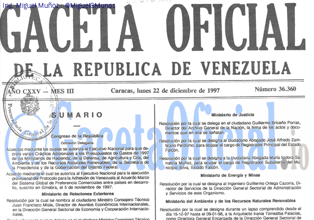 Gaceta Oficial 36360 del 22 Diciembre 1997