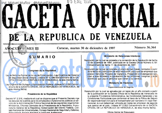 Gaceta Oficial 36364 del 30 Diciembre 1997