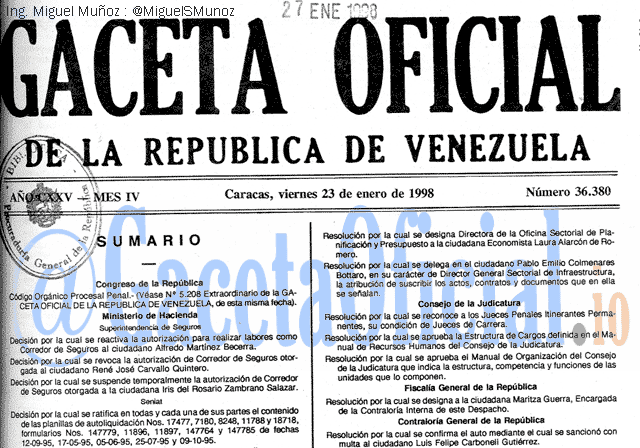 Gaceta Oficial 36380 del 23 Enero 1998