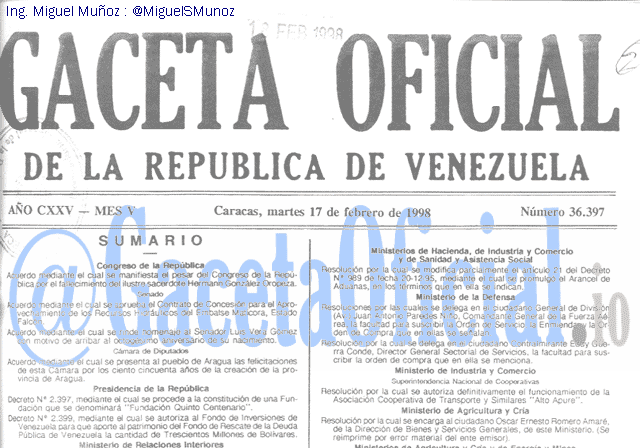 Gaceta Oficial 36397 del 17 Febrero 1998