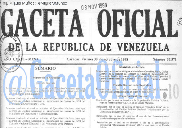 Gaceta Oficial 36571 del 30 Octubre 1998