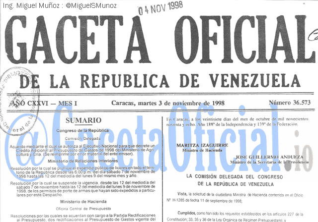 Gaceta Oficial 36573 del 3 Noviembre 1998