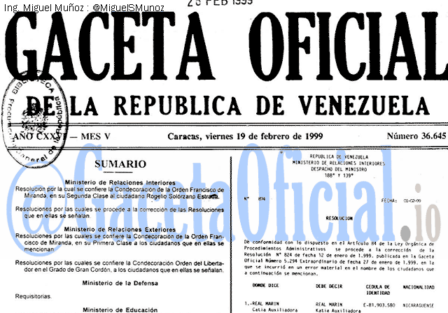 Gaceta Oficial 36645 del 19 Febrero 1999