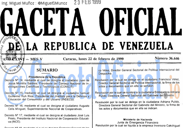 Gaceta Oficial 36646 del 22 Febrero 1999