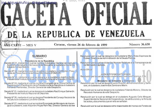 Gaceta Oficial 36650 del 26 Febrero 1999