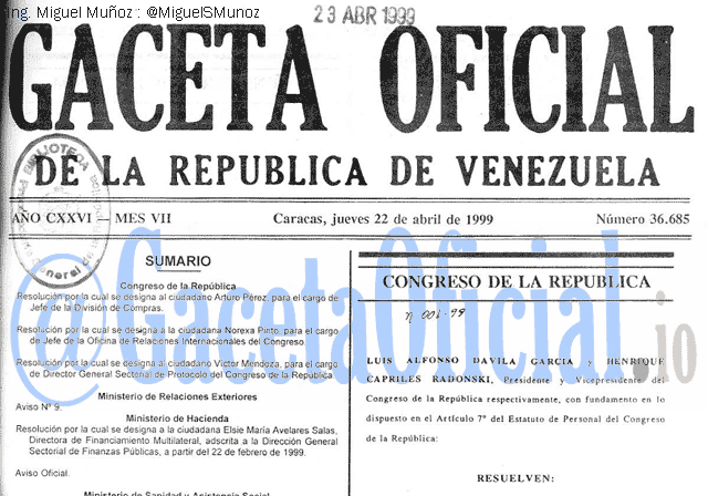 Gaceta Oficial 36685 del 22 Abril 1999