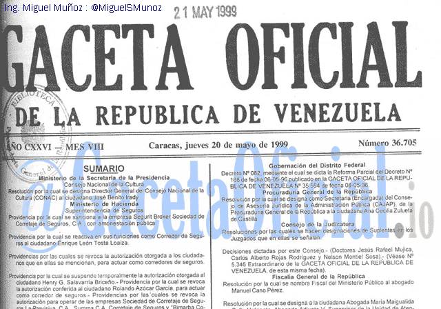 Gaceta Oficial 36705 del 20 Mayo 1999