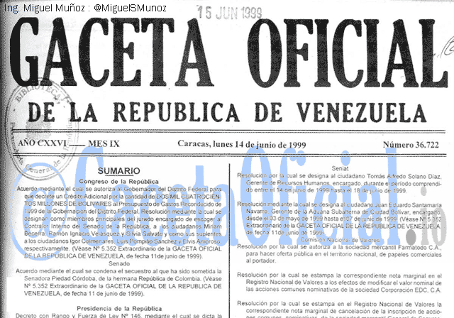 Gaceta Oficial 36722 del 14 Junio 1999